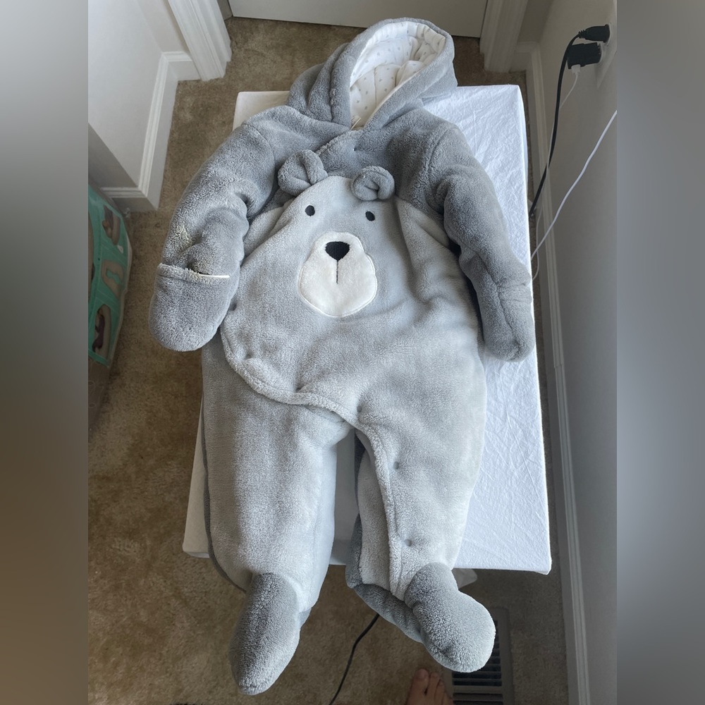 FIRST WISH Light Grey Bear Hooded Pram Bunting Jacket Size 3-6 months
